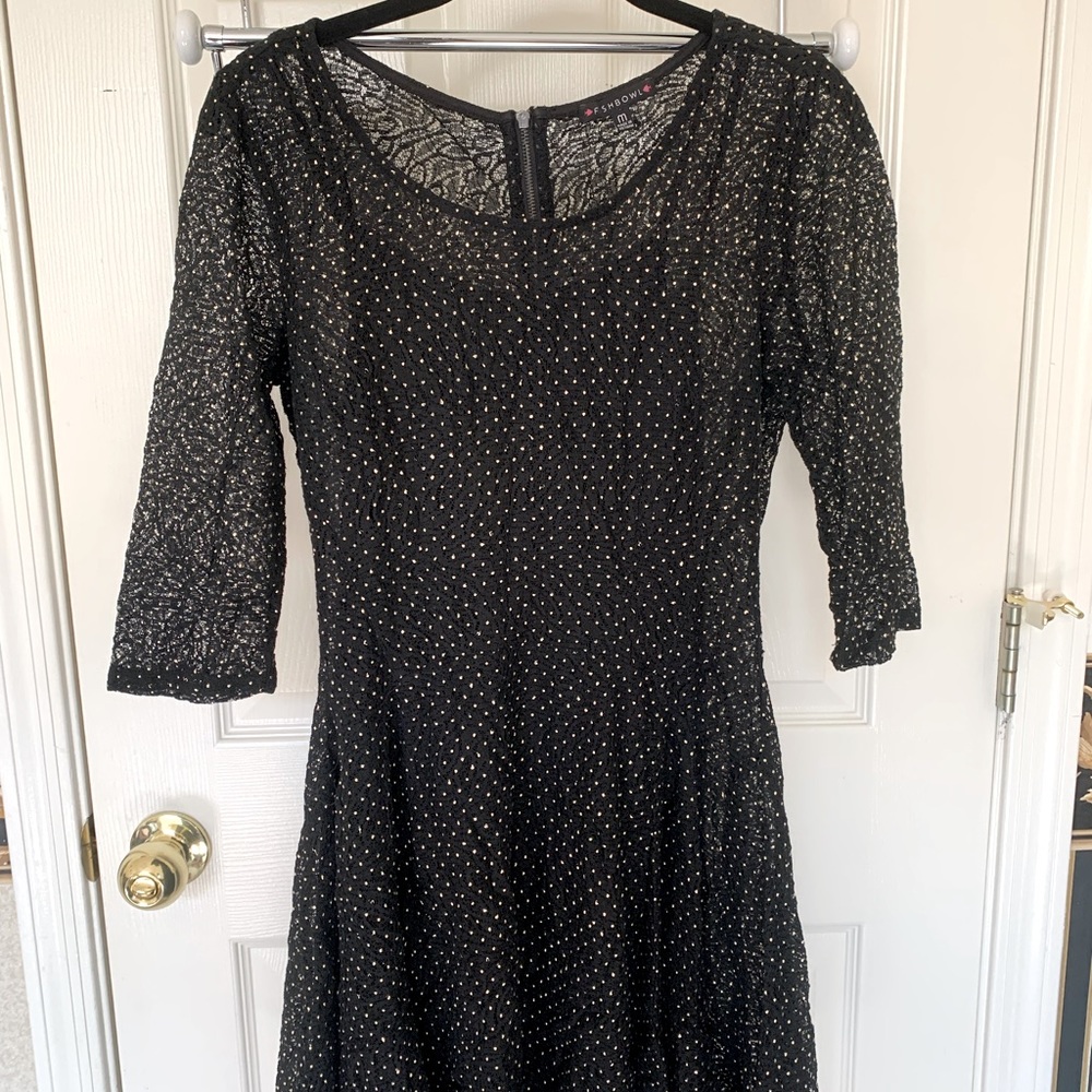 Black lace with gold specs and black slip long sleeve dress